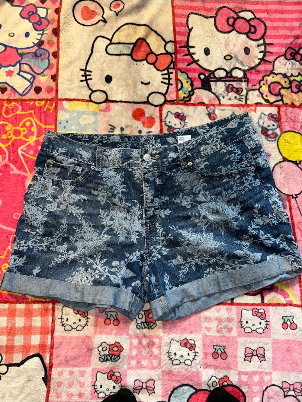 Time and Tru Blue Floral Denim Cuffed Shorts
